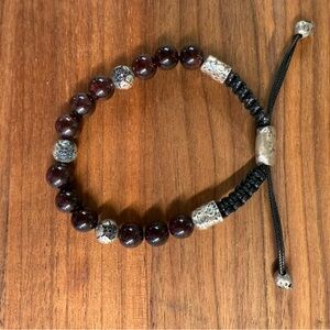 John Varvatos Dark Red Bead Bracelet with Silver Beads with Black Diamonds